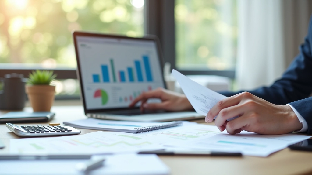 Moderní finanční kancelář s počítačem a finančními grafy