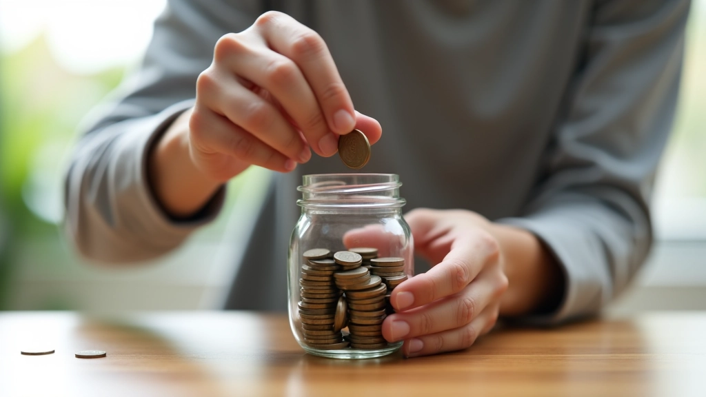 Ruce přesypávající mince z jedné misky do druhé, symbol spoření a vytváření rezervy