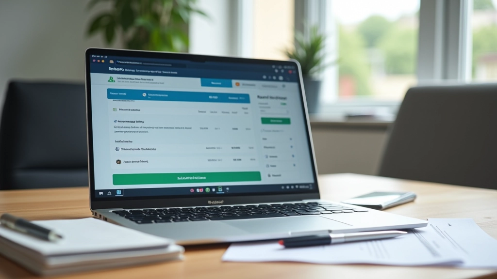 Počítač s bankovní aplikací na pracovním stole s poznámkami o spořicích plánech