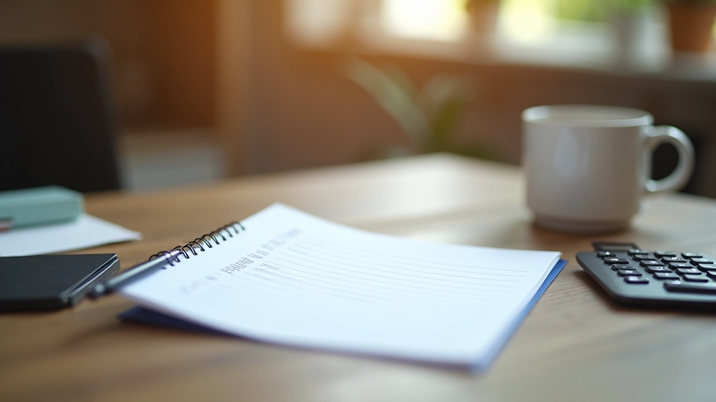 Notebook s finančním plánem, kalkulačka a pero na stole