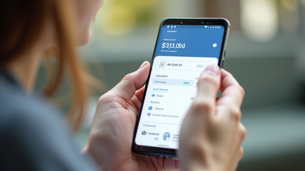 Mobilní telefon s bankovní aplikací na displeji, ukazující převod peněz a automatické platby