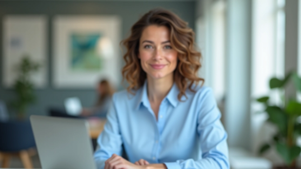 Žena středního věku pracuje na notebooku v moderní kancelářské místnosti