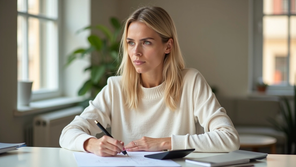 Žena plánuje své finanční cíle s poznámkami a kalkulačkou